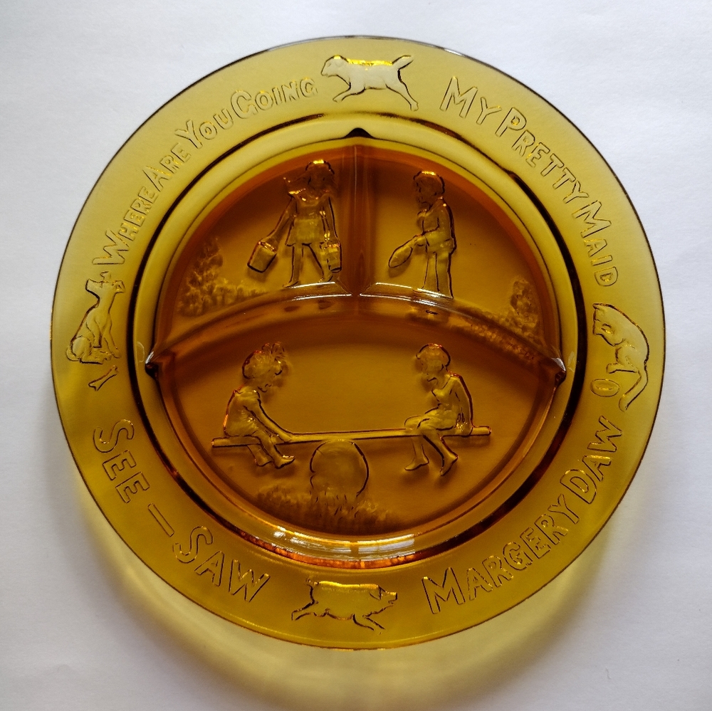 Amber Tiara Indiana Glass Divided Childs Plate Nursery Rhyme Marjorie Daw etc